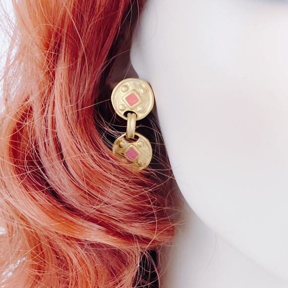 VTG Dangle Earrings Double Disc 1980s 1990s Gold Tone - Picture 2 of 15